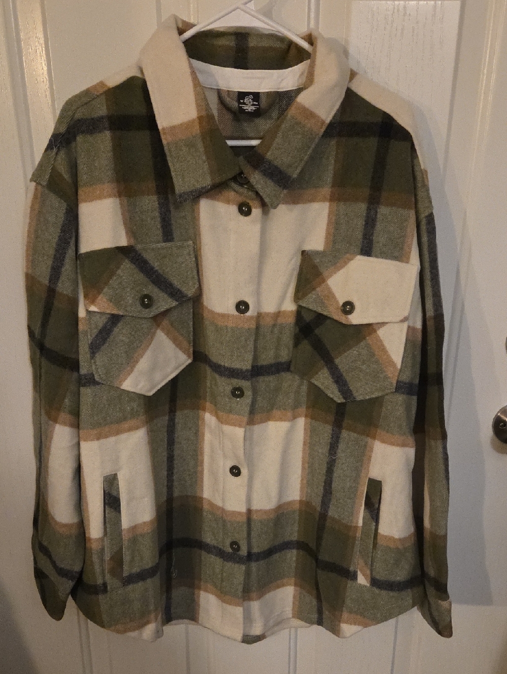 Woolx Women's Plaid Button-Up Shacket - Olive & Cream Size 1X NWT